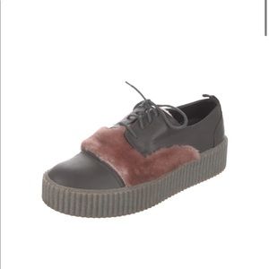 NWT IN BOX  BARNEYS NEW YORK Faux-Fur Trimmed Leather Platform Sneakers.